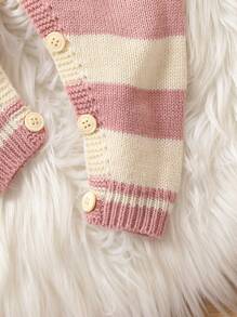 Baby Girl Striped Pattern Raglan Sleeve Knit Jumpsuit - Pink - View 3