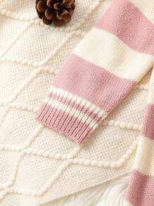 Baby Girl Striped Pattern Raglan Sleeve Knit Jumpsuit - Pink - View 4