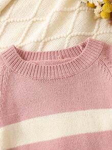 Baby Girl Striped Pattern Raglan Sleeve Knit Jumpsuit - Pink - View 6