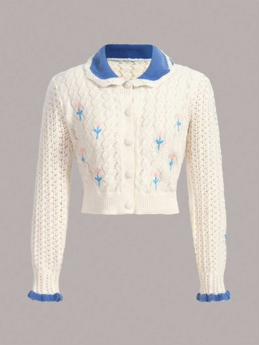 SHEIN MOD Floral Embroidery Contrast Collar Pointelle Knit Cardigan - Apricot - View 1