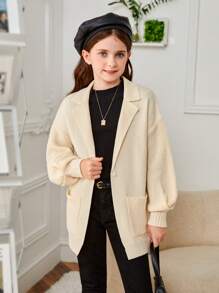 SHEIN Tween Girl Lapel Neck Drop Shoulder Pocket Patched Cardigan - Beige - View 1