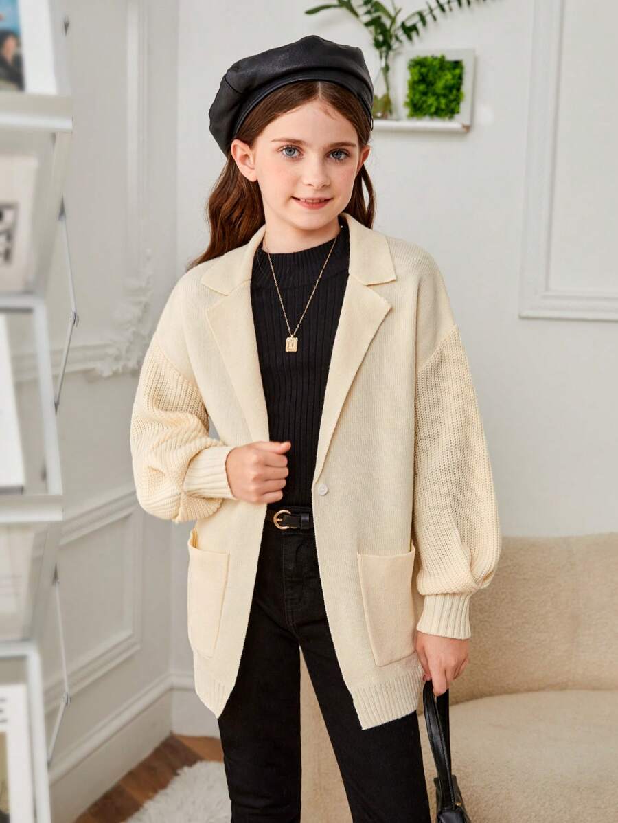 SHEIN Tween Girl Lapel Neck Drop Shoulder Pocket Patched Cardigan - Beige - View 1