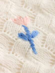 SHEIN MOD Floral Embroidery Contrast Collar Pointelle Knit Cardigan - Apricot - View 3