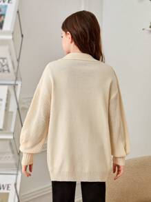 SHEIN Tween Girl Lapel Neck Drop Shoulder Pocket Patched Cardigan - Beige - View 2
