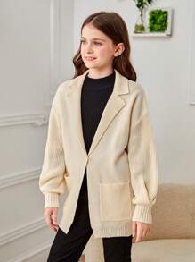 SHEIN Tween Girl Lapel Neck Drop Shoulder Pocket Patched Cardigan - Beige - View 3