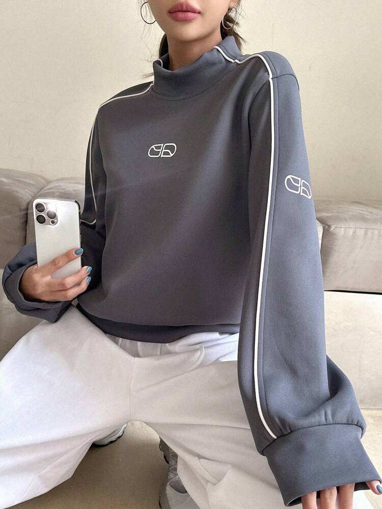 Letter Graphic Contrast Piping Mock Neck Drop Shoulder Sweatshirt,Long Sleeve Tops Fall,Winter