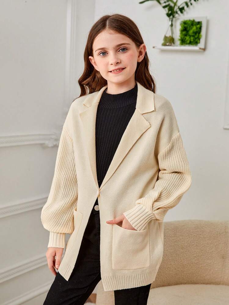 SHEIN Tween Girl Lapel Neck Drop Shoulder Pocket Patched Cardigan - Beige - View 5