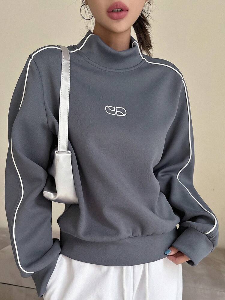 Letter Graphic Contrast Piping Mock Neck Drop Shoulder Sweatshirt,Long Sleeve Tops Fall,Winter