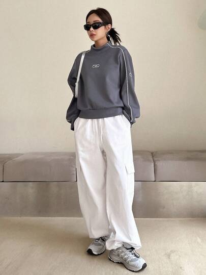 DAZY Sudadera con cuello de pico, hombros caídos y ribete de contraste con gráfico de letra, manga larga, para otoño e invierno