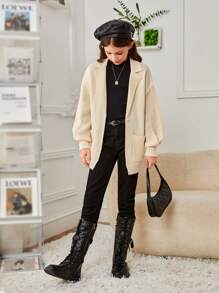 SHEIN Tween Girl Lapel Neck Drop Shoulder Pocket Patched Cardigan - Beige - View 6