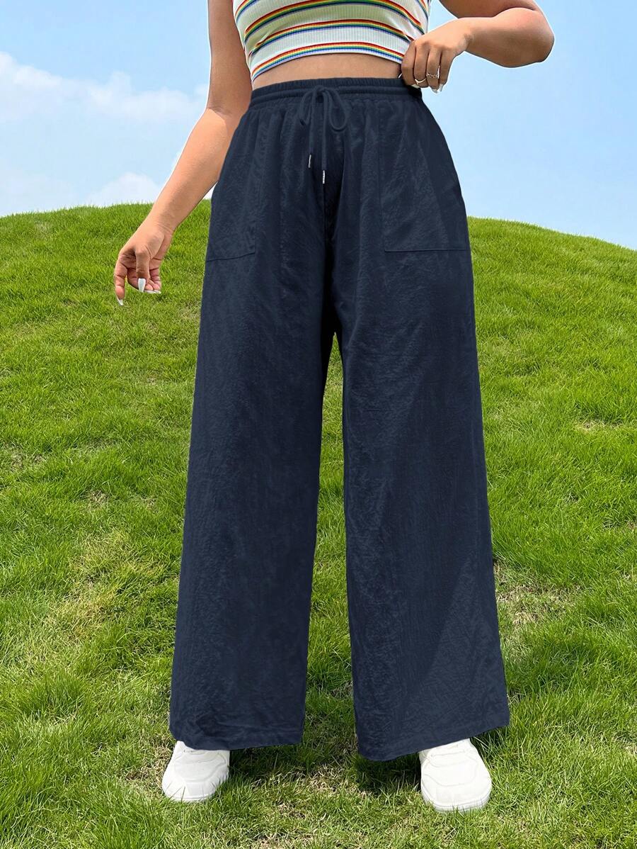 SHEIN EZwear Hơn Eo dây rút Quần ống rộng - Màu xanh hải quân - Xem 1