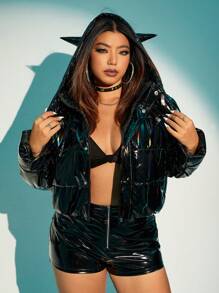 SHEIN ICON 加大落肩连帽夹棉大衣 - 黑色 - 查看 1