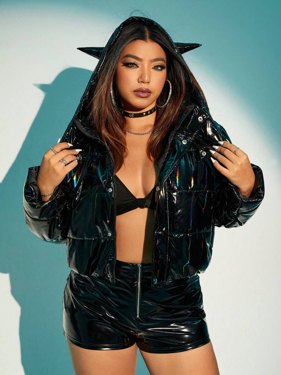 SHEIN ICON 加大落肩连帽夹棉大衣 - 黑色 - 查看 1