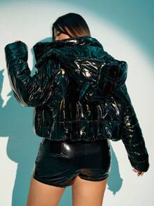 SHEIN ICON 加大落肩连帽夹棉大衣 - 黑色 - 查看 2