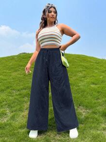 SHEIN EZwear Hơn Eo dây rút Quần ống rộng - Màu xanh hải quân - Xem 4