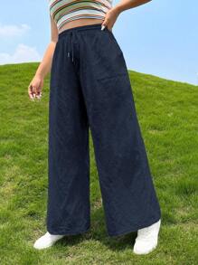 SHEIN EZwear Hơn Eo dây rút Quần ống rộng - Màu xanh hải quân - Xem 5