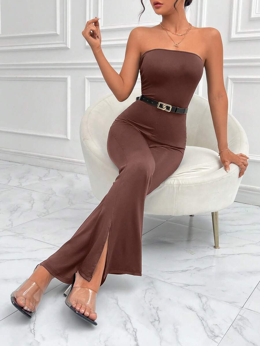 SHEIN Privé 下擺開叉抹胸連體褲不附腰帶 - 咖啡棕 - 查看 1