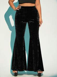 SHEIN ICON 大码天鹅绒厚喇叭裤 - 黑色 - 查看 1