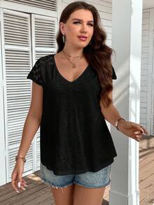 SHEIN LUNE Hơn Ren tương phản Áo thun - màu đen - Xem 3