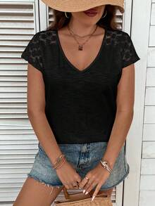 SHEIN LUNE Hơn Ren tương phản Áo thun - màu đen - Xem 4