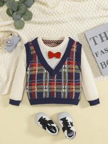 SHEIN Baby Boy Plaid Pattern Bow Front 2 In 1 Sweater - Multicolor - View 1