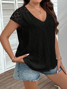 SHEIN LUNE Hơn Ren tương phản Áo thun - màu đen - Xem 5