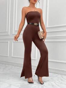 SHEIN Privé 下擺開叉抹胸連體褲不附腰帶 - 咖啡棕 - 查看 3