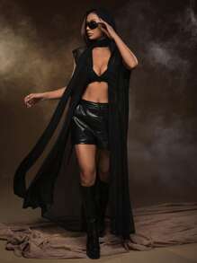 SHEIN ICON Chất rắn Kiểu Dài áo có mũ Lưới Áo - màu đen - Xem 1