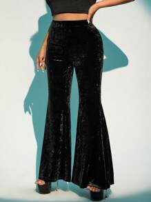 SHEIN ICON 大码天鹅绒厚喇叭裤 - 黑色 - 查看 3