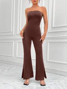 SHEIN Privé 下擺開叉抹胸連體褲不附腰帶 - 咖啡棕 - 查看 5