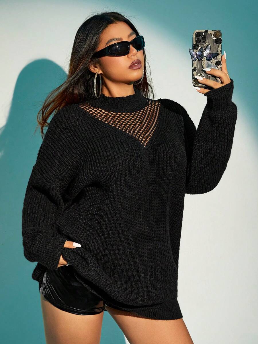 SHEIN ICON 冬季撞色网眼落肩毛衣 - 黑色 - 查看 1