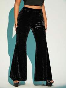 SHEIN ICON 大码天鹅绒厚喇叭裤 - 黑色 - 查看 4