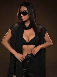 SHEIN ICON Chất rắn Kiểu Dài áo có mũ Lưới Áo - màu đen - Xem 3