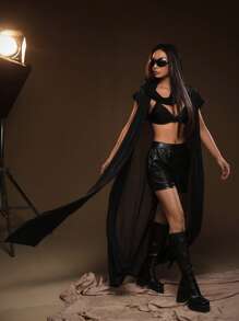 SHEIN ICON Chất rắn Kiểu Dài áo có mũ Lưới Áo - màu đen - Xem 6