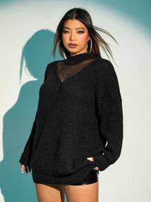 SHEIN ICON 冬季撞色网眼落肩毛衣 - 黑色 - 查看 3