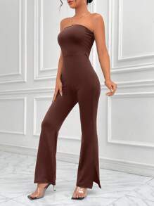 SHEIN Privé 下擺開叉抹胸連體褲不附腰帶 - 咖啡棕 - 查看 6