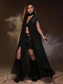 SHEIN ICON Chất rắn Kiểu Dài áo có mũ Lưới Áo - màu đen - Xem 7