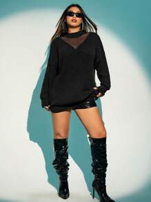 SHEIN ICON 冬季撞色网眼落肩毛衣 - 黑色 - 查看 4