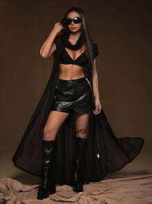 SHEIN ICON Chất rắn Kiểu Dài áo có mũ Lưới Áo - màu đen - Xem 8