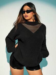 SHEIN ICON 冬季撞色网眼落肩毛衣 - 黑色 - 查看 5