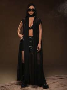 SHEIN ICON Chất rắn Kiểu Dài áo có mũ Lưới Áo - màu đen - Xem 5