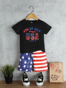 SHEIN 男小童字母圖案T恤&美國旗圖案短褲 - 彩色 - 查看 1
