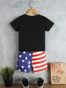 SHEIN 男小童字母圖案T恤&美國旗圖案短褲 - 彩色 - 查看 2