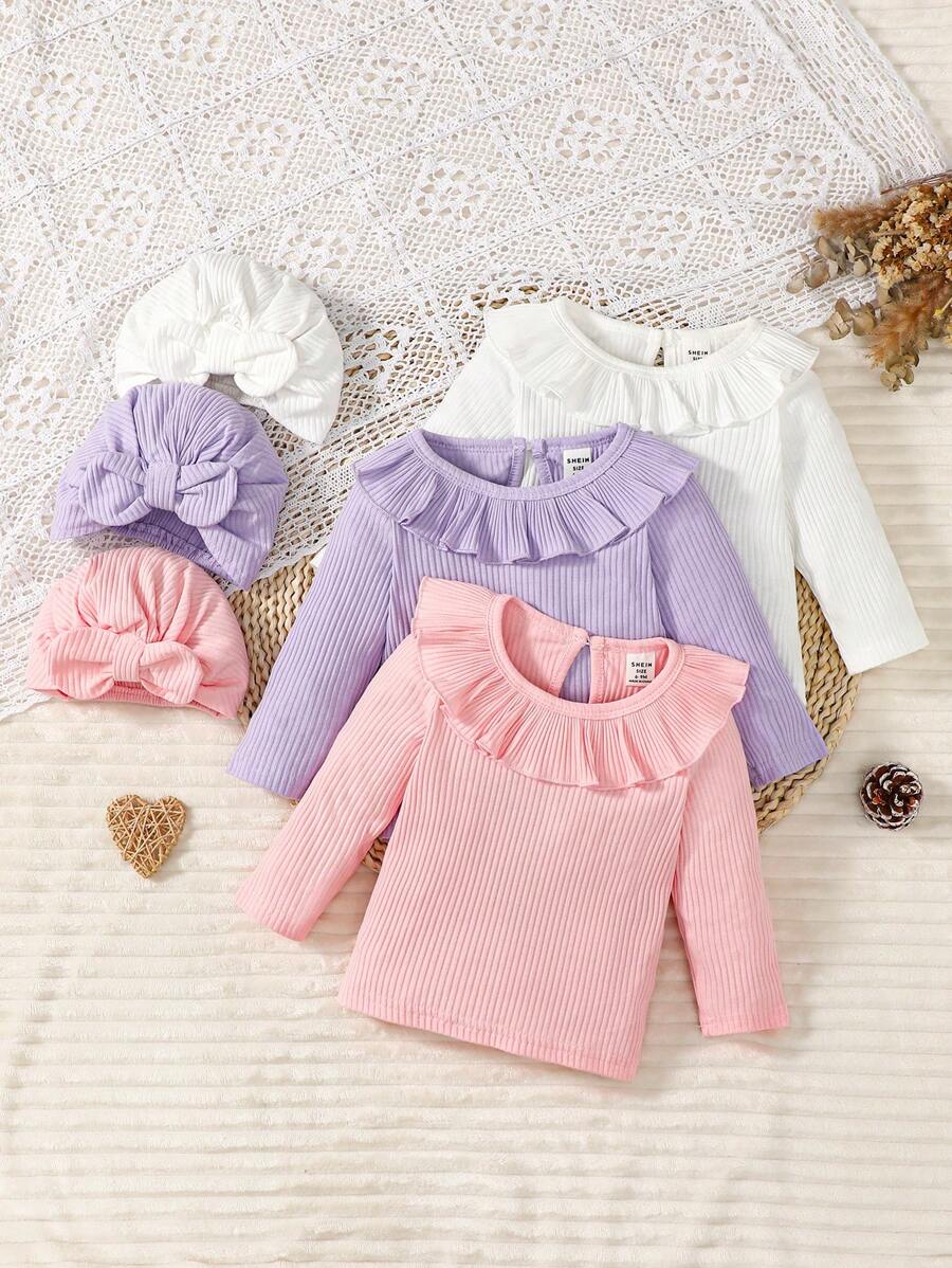 Bebé niña 3 piezas ribete con fruncido Camiseta & 3 piezas Sombrero - Multicolor - Ver 1