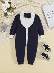 SHEIN Baby Boy Bow Front Button Up Knit Jumpsuit - Navy Blue - View 1