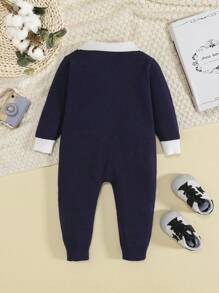 SHEIN Baby Boy Bow Front Button Up Knit Jumpsuit - Navy Blue - View 2