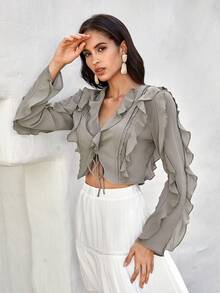 SHEIN VCAY 前繫帶荷葉邊短款襯衫 - 卡其色 - 查看 4