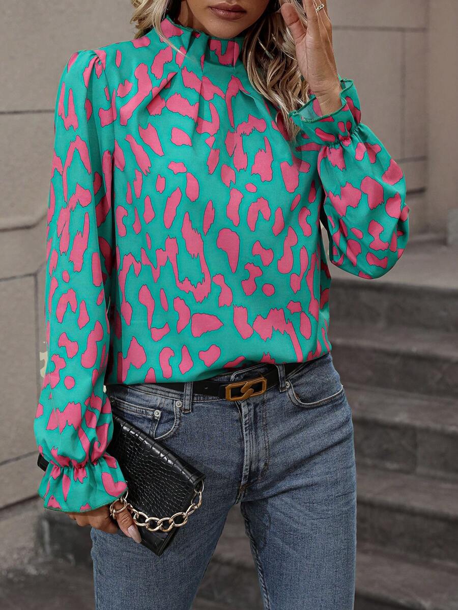 SHEIN LUNE Allover Print Flare Sleeve Mock Neck Blouse - Multicolor - View 1