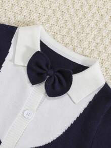 SHEIN Baby Boy Bow Front Button Up Knit Jumpsuit - Navy Blue - View 3