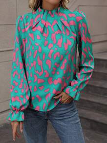 SHEIN LUNE Allover Print Flare Sleeve Mock Neck Blouse - Multicolor - View 5